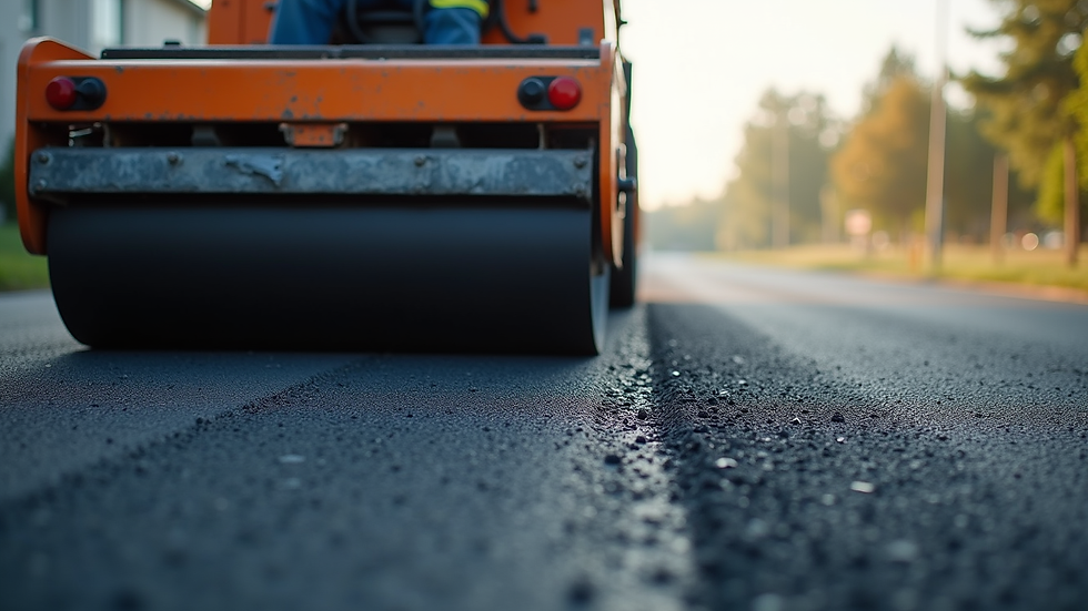 Close-up view of paving contractor applying asphalt with roller machine
