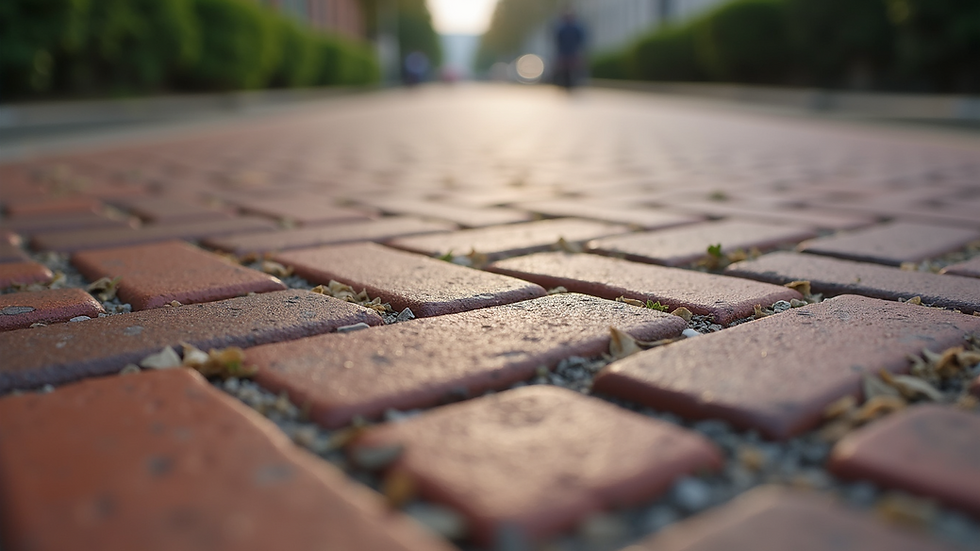 Close-up view of brick pavers arranged in a herringbone pattern