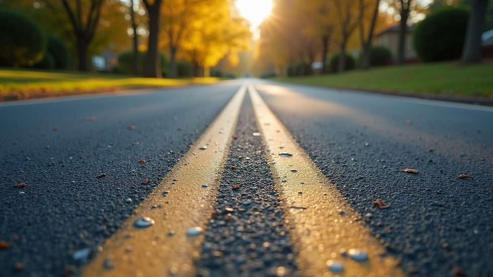 Eye-level view of a freshly paved asphalt driveway