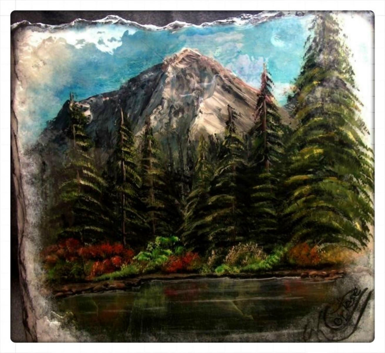 Mountain and Lake Acrylic Slate Painting