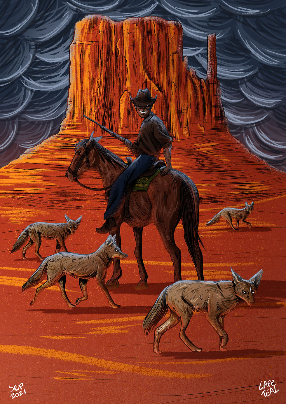 pecos bill illustration in the badlands south america with coyotes