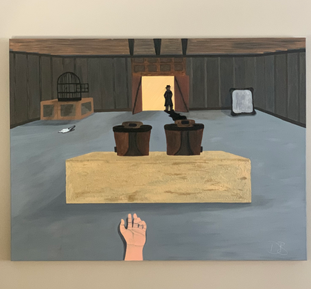 The Senator is a 48" x 36" oil, acrylic and mortar painting. (Not yet framed), by Damian Johnson