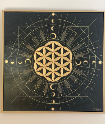The Flower of Life represents the cycle of creation and is a 48" x 48" painting on canvas, made of oil, acrylic and gold leaf with a gold-painted wood frame, by Damian Johnson.