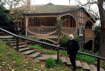 Architect Peter Crone outside his beloved Desbrowe-Annear home, Chadwick House in Eaglemont.