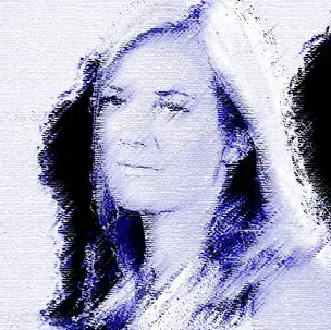 Contemporary monochromatic portrait artwork of a woman surrounded by shadow-like silhouettes, rendered with textured blue-toned distortion and cinematic atmosphere.