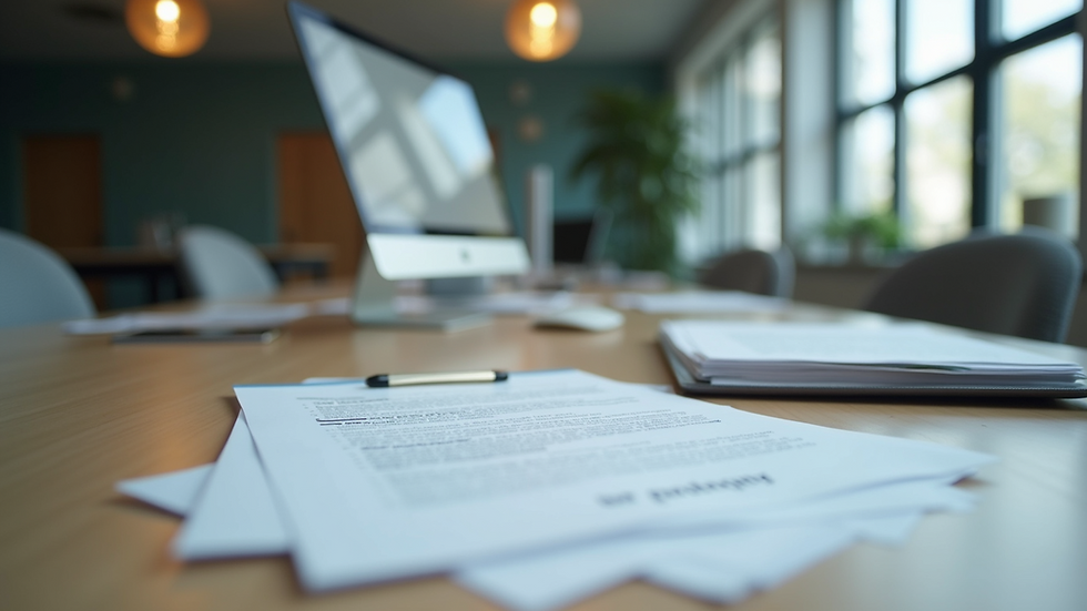 Eye-level view of a modern office workspace with HR documents on a desk