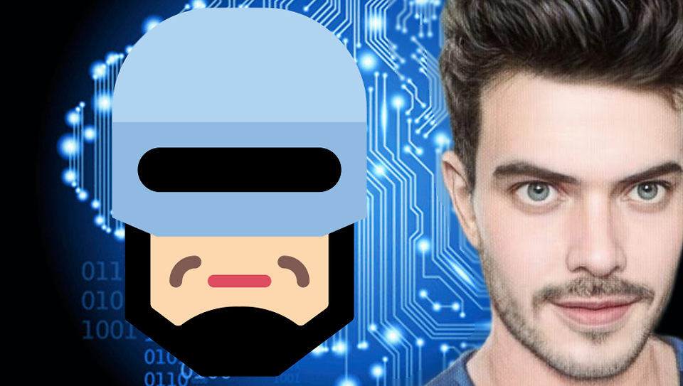 Ícone de robô e rosto humano lado a lado, sobre fundo azul com circuitos digitais e código binário.