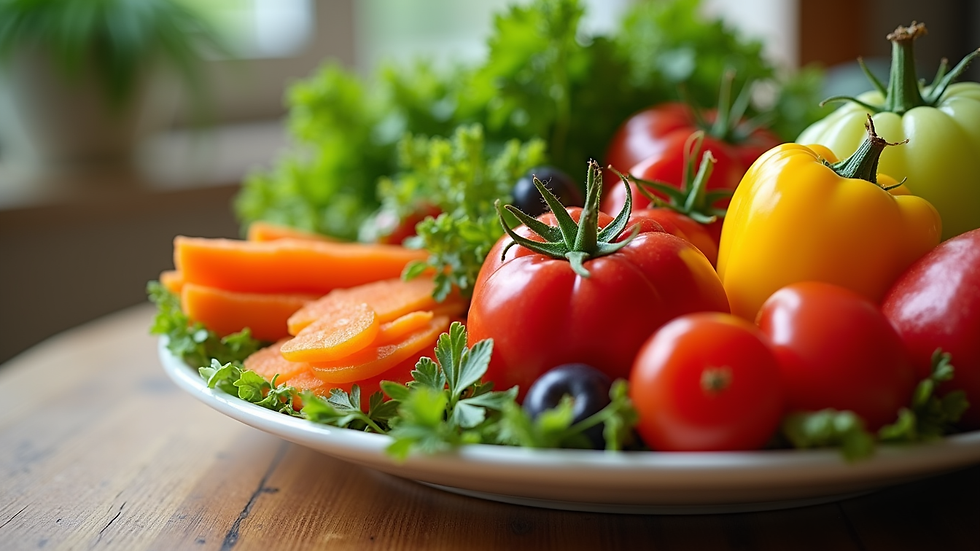 close-up view of a colorful plate with fresh vegetables and fruits