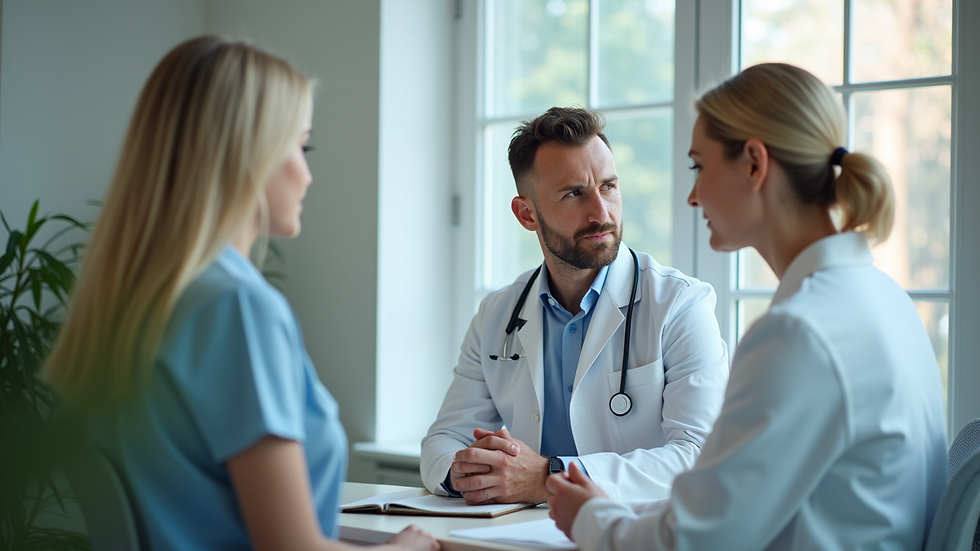 Eye-level view of a couple consulting with a fertility specialist in a clinic