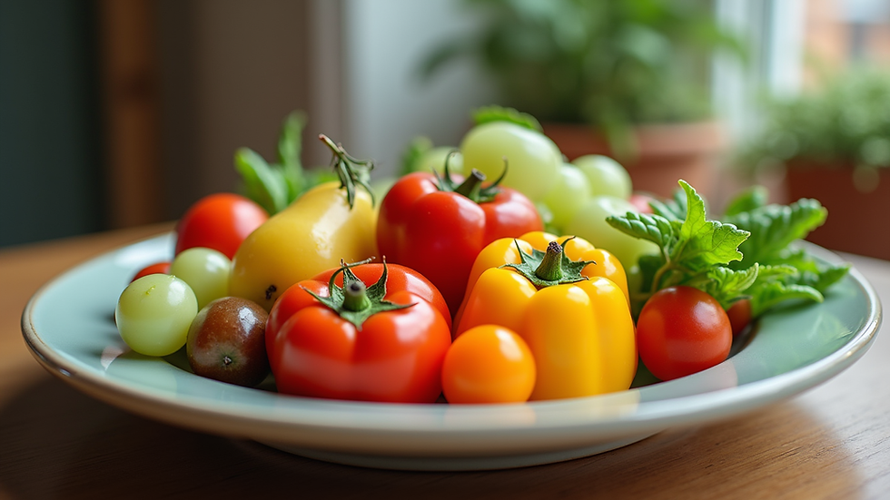 eye-level view of a colorful plate with fresh vegetables and fruits