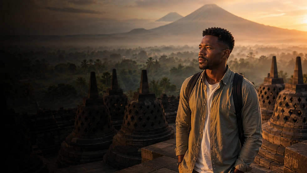 Black man in front of Borobudur temple in Yogyakarta Indonesia at sunrise