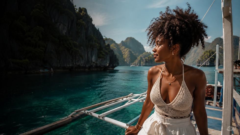 Black woman on a bangka boat overlooking the limestone islands of El Nido Palawan Philippines