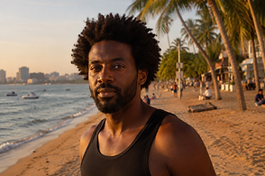 Black man standing on Pattaya Beach at golden hour