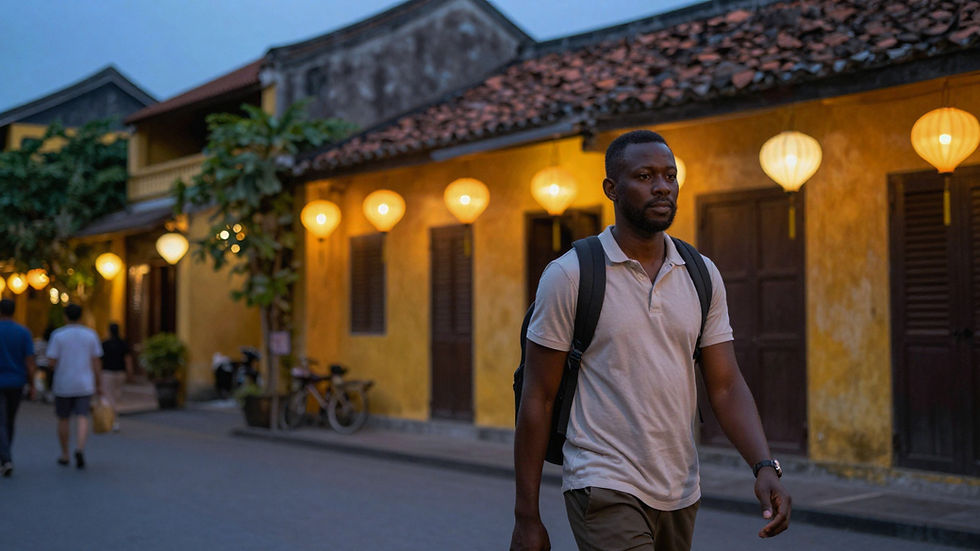 Black man with backpack walking through lantern-lit Hoi An old town Vietnam at dusk