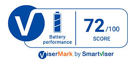 ViserMark Label showing smartphone battery test results of 72/100