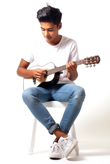 a boy is sitting on a stool and playing the ukulele