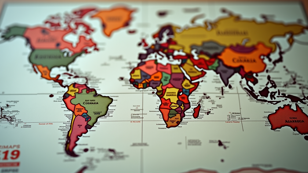 Eye-level view of a world map with passport stamps from various countries