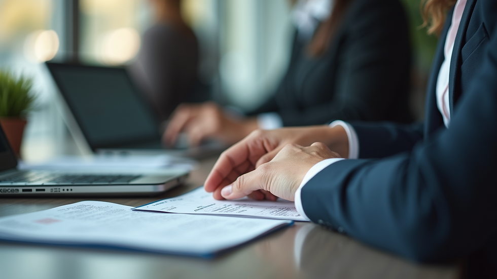 Close-up view of a travel agent assisting a client with visa documents