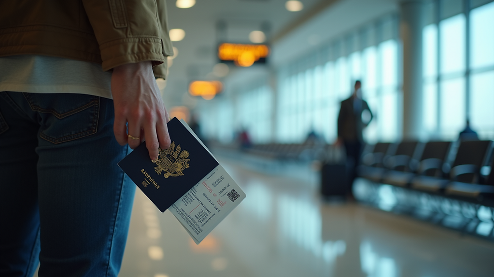 Eye-level view of a traveler holding a passport and boarding pass at an airport gate