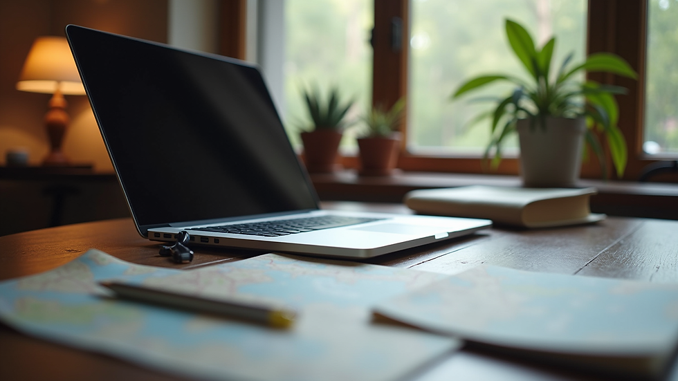 Wide angle view of a traveler’s desk with a laptop, map, and notebook