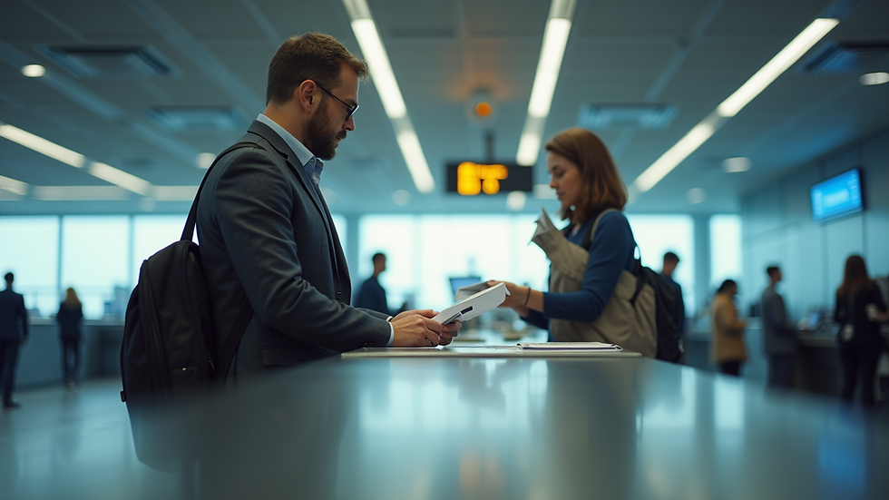 Eye-level view of a traveler checking documents at an airport counter