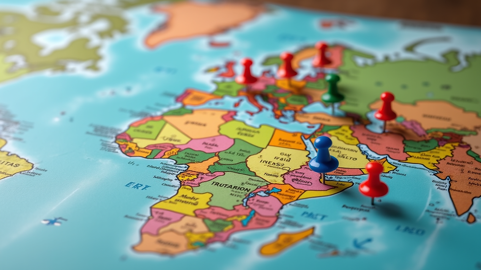 Eye-level view of a detailed travel map with colorful pins