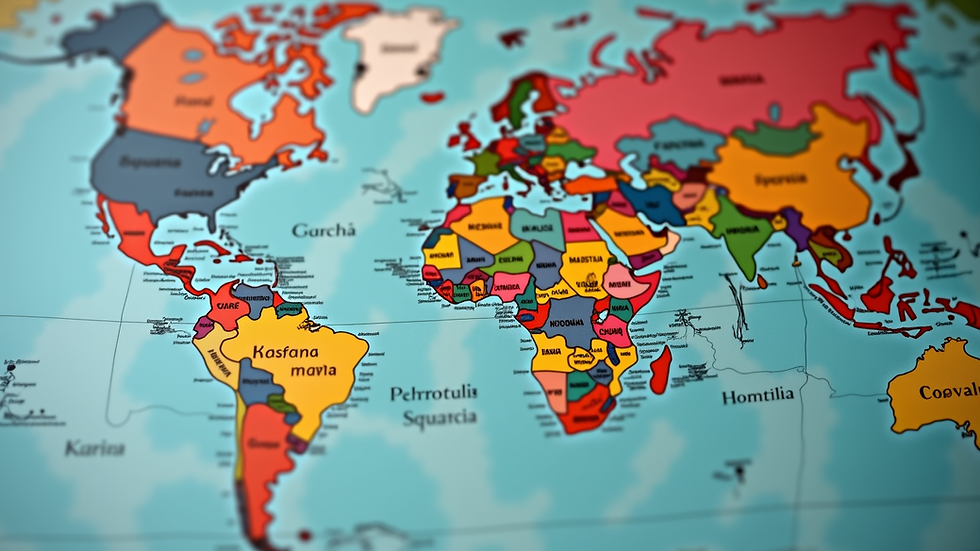 Eye-level view of a world map with passport stamps from various countries