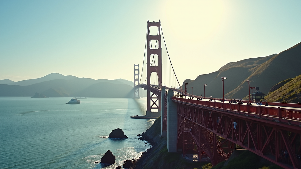 High angle view of the Golden Bridge with tourists walking