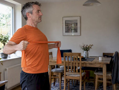 Man practising controlled band shoulder exercise