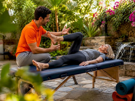 Physiotherapist assisting patient with leg stretch