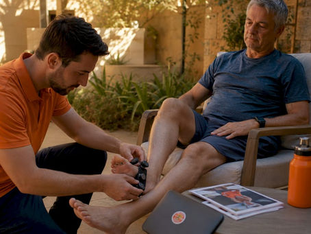 Physiotherapist fitting APOS therapy device on patient