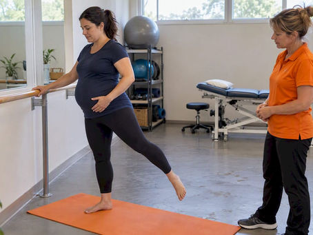 Pregnant woman doing supported Pilates exercise