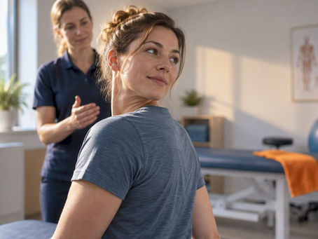 Patient practising gentle neck movement in clinic