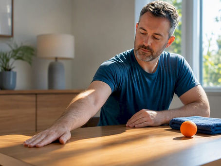 Adult performing shoulder table slide exercise