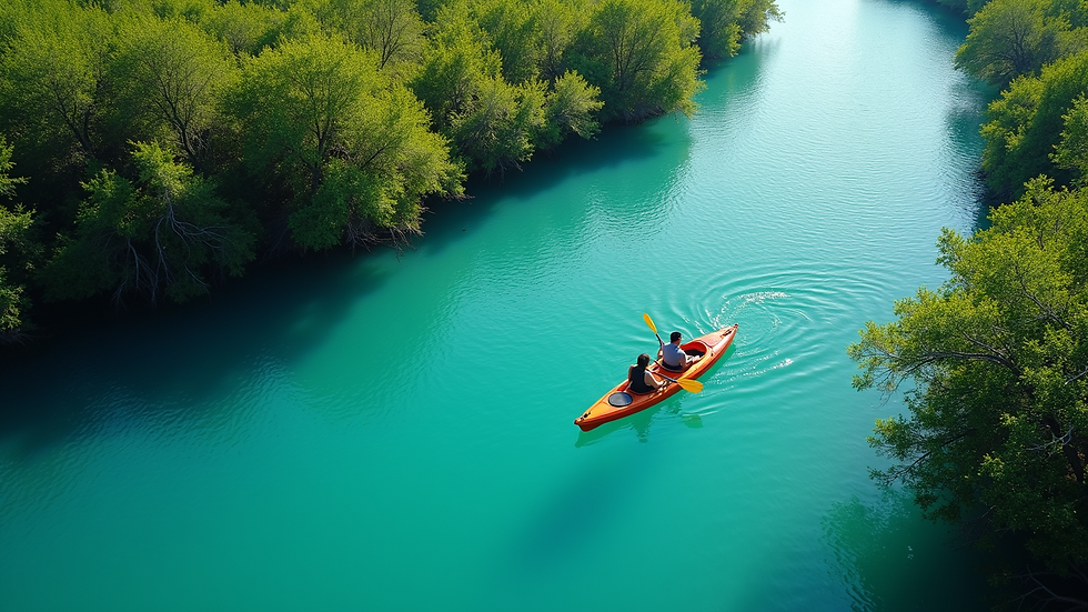 High angle view of a kayak gliding through clear blue water near a mangrove forest