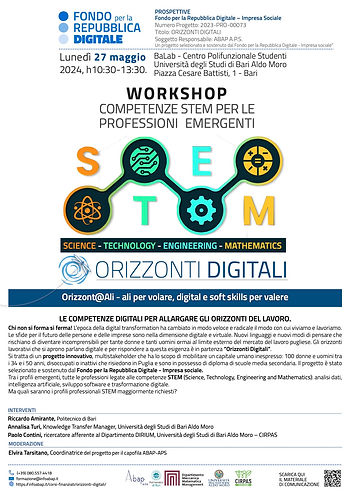 BARI 27 maggio, BaLab UNIBA - ORIZZONTI DIGITALI - Workshop "Competenze STEM per le professioni emergenti." - START ANIMAZIONE TERRITORIALE: gli appuntamenti da segnare in agenda per incontrare i lavori del futuro!