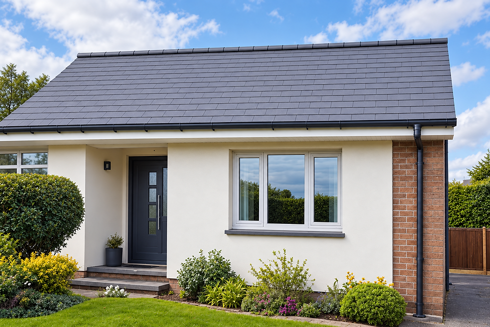 Modern bungalow with a slate roof, grey door, and well-maintained garden under a partly cloudy sky.