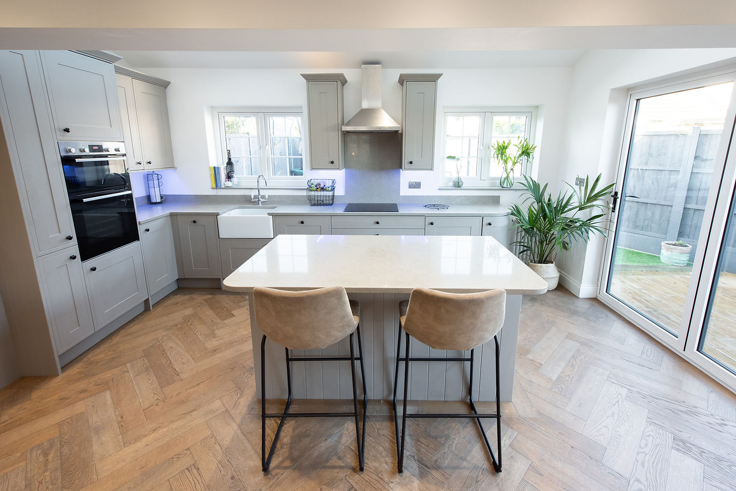 kitchen with herringbone patterned LVT floor