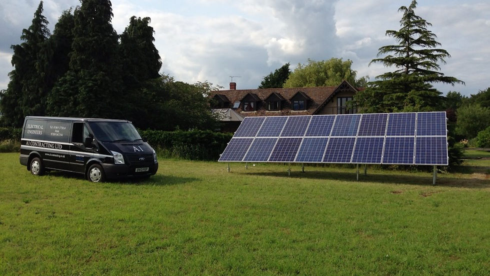 A1 Contracting liveried van parked beside a solar panel array in a large garden