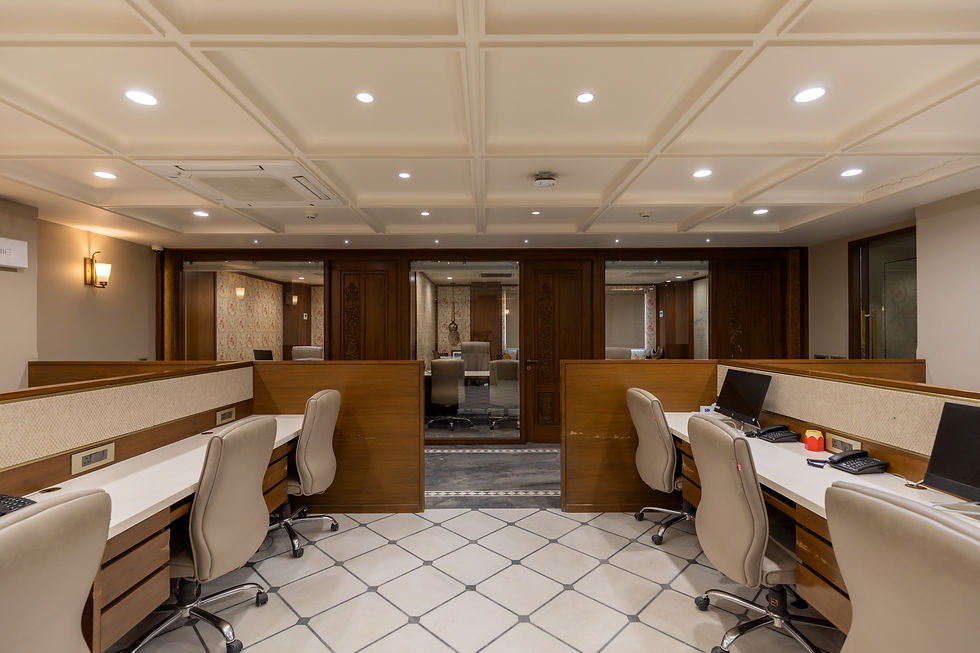 Eye-level view of a modern office space with ergonomic furniture and natural lighting