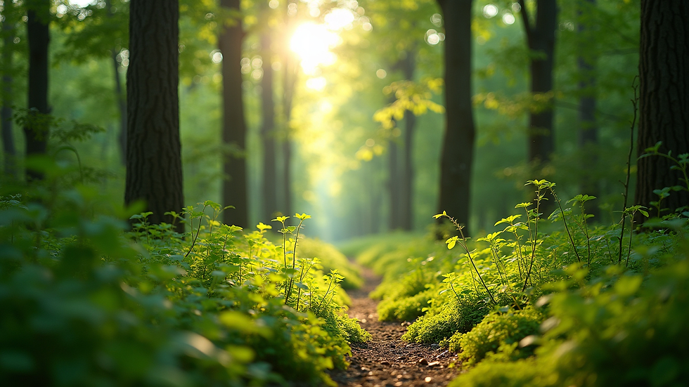 Eye-level view of a lush green forest with sunlight filtering through the trees