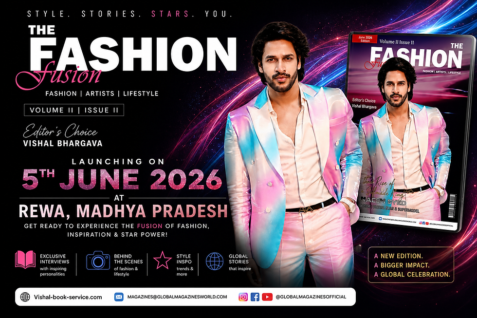Man in colorful suit on fashion magazine cover. Text: "The Fashion Fusion," "Launching 5th June 2026, Rewa, Madhya Pradesh." Vibrant background.