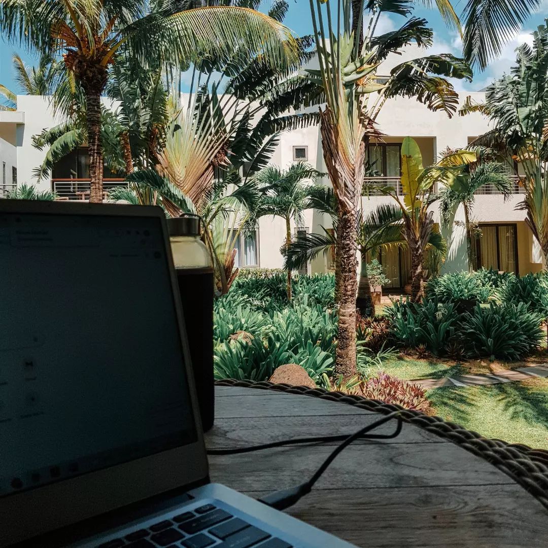 Laptop of a digital nomad in garden with palmtrees