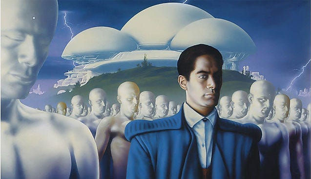vision d'un homme dans un monde et d'une cité futuriste emplis de clones