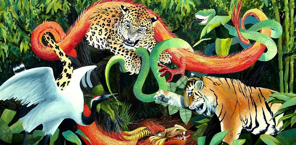 représentation des 5 principaux animaux utilisés pour la technique du kung-fu