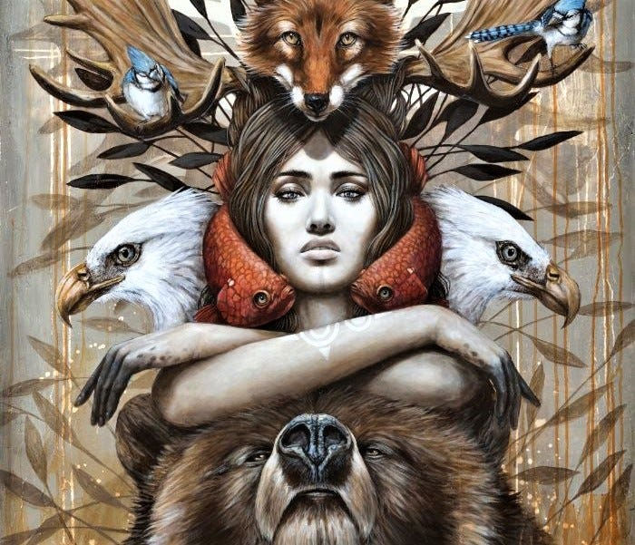 représentationde femme chamane entournée par ses guides spirituels animaliers ou animaux de pouvoir