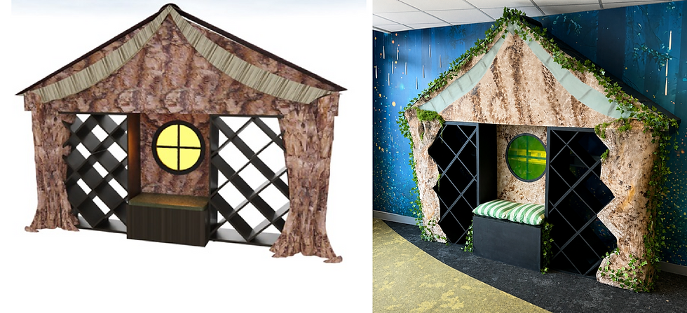 Two images of treehouse-themed play areas: one with bark-like walls, a round window, lattice sides, and a cushion seat. Background is blue with vines.
