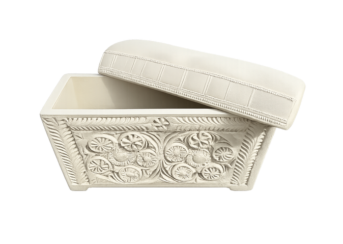 Authentic full-size replica of the Caiaphas Ossuary with carved rosettes and weathered stone effect.