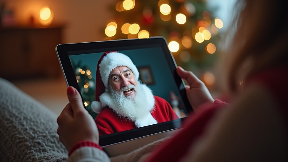 Close-up view of a tablet screen showing a Santa video call in progress