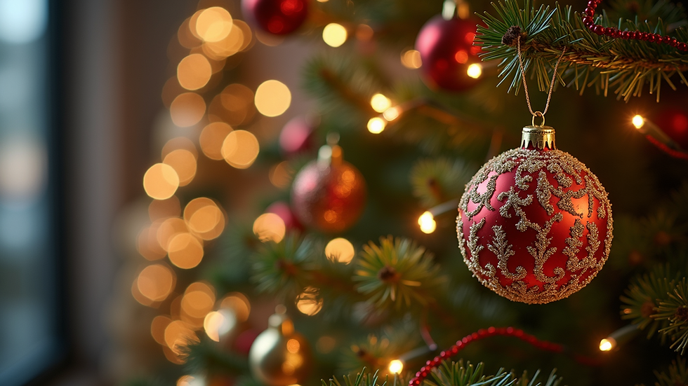 Close-up view of a decorated Christmas tree with ornaments and twinkling lights
